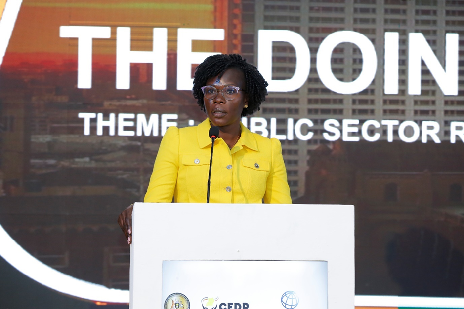 Hon.Evelyn Anite Minister of State Privatisation and Investment giving her remarks